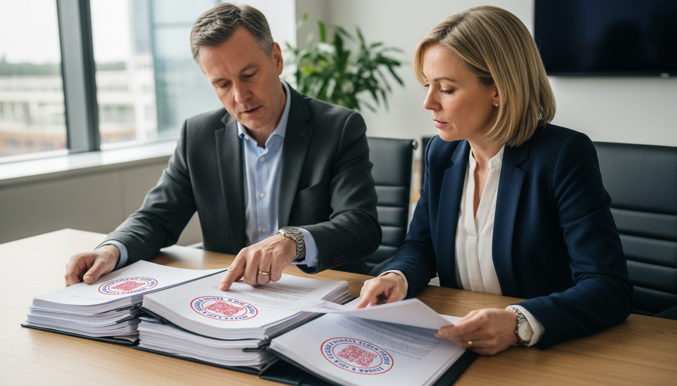 Business professionals reviewing legal documents