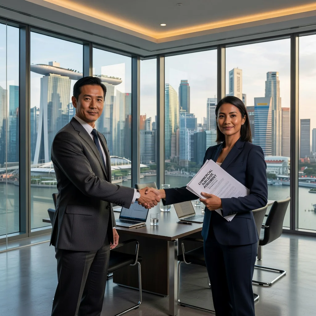 A professional business meeting in a modern Singapore office space, with adults shaking hands over a sublease agreement discussion, symbolizing commercial property leasing and business partnerships, photorealistic style.