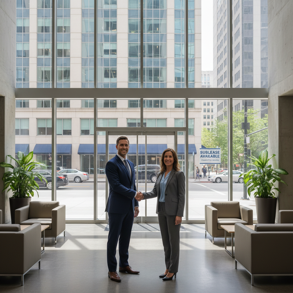 A professional scene representing commercial subleasing in the US: a confident business professional shaking hands with another in a modern office building lobby, symbolizing the agreement process, with subtle background elements like a 'For Lease' sign on a commercial property window, photorealistic style, no children, no documents visible.