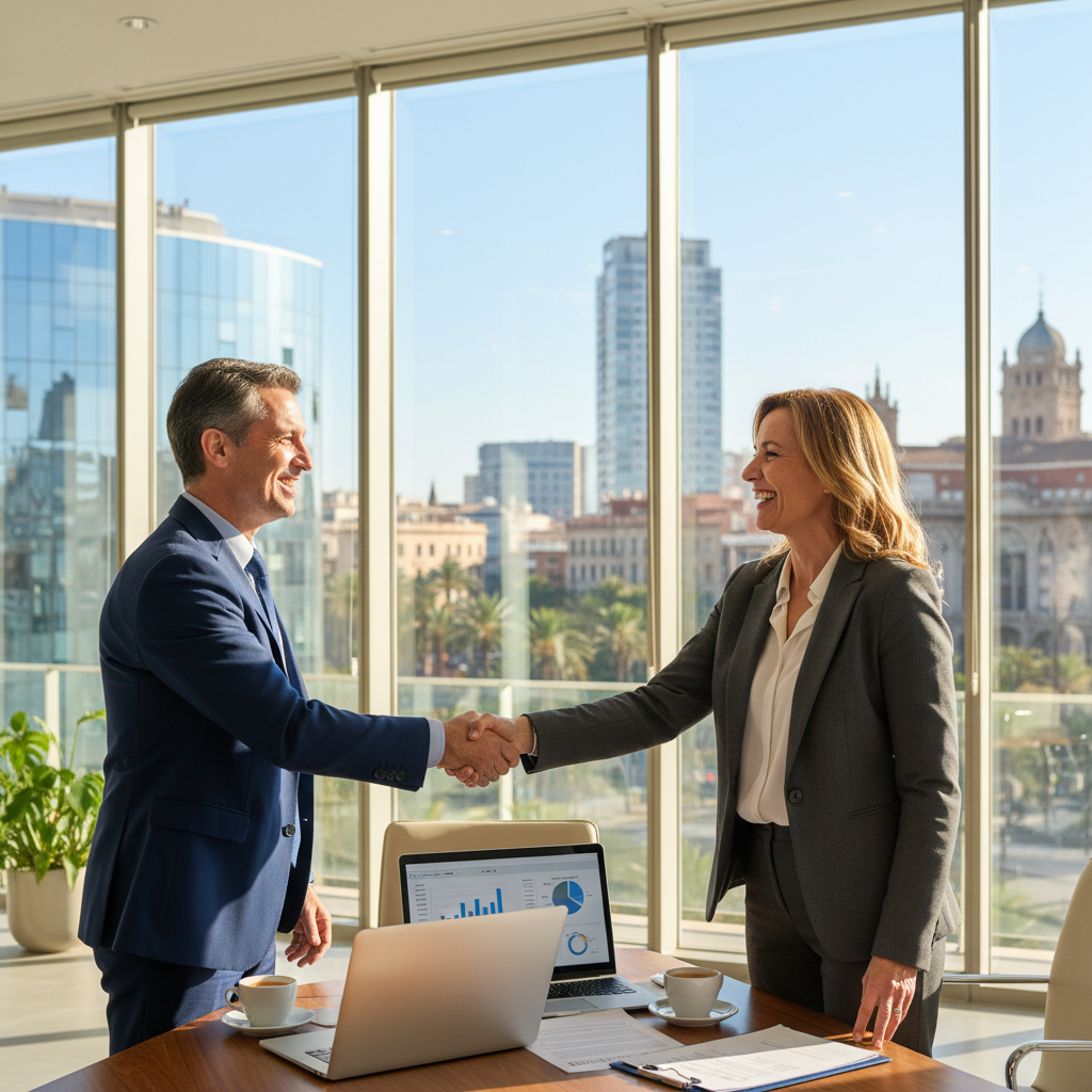 A photorealistic image of two professional adults in a modern commercial office space in Spain, shaking hands over a desk with city skyline visible through large windows, symbolizing a commercial sublease agreement.