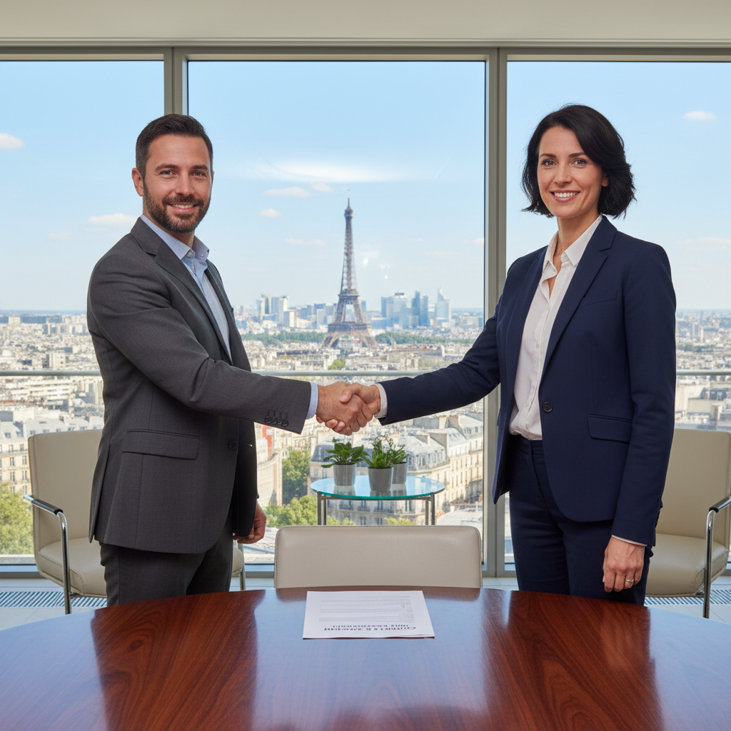 A photorealistic image depicting a professional business meeting in a modern French office setting, where two adults in business attire are shaking hands over a desk, symbolizing a commercial sublease agreement. The background includes subtle French architectural elements like large windows with Eiffel Tower view, no legal documents visible, no children present.