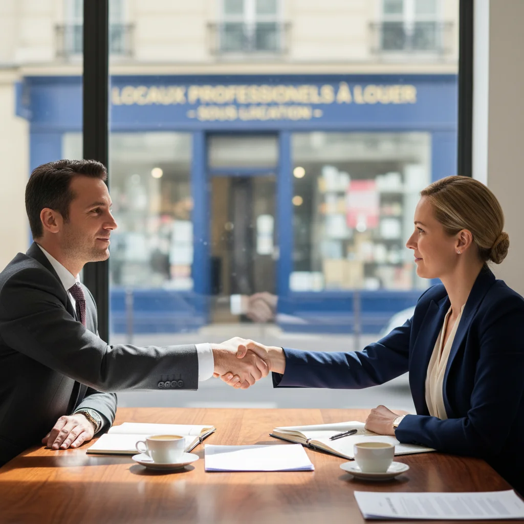 A photorealistic image depicting a professional business meeting between two adults in a modern French office, symbolizing the negotiation and agreement of a commercial sublease arrangement. One person is handing over keys to a commercial property space, with subtle French architectural elements in the background like Eiffel Tower view from a window, conveying trust and partnership in business leasing without showing any legal documents.