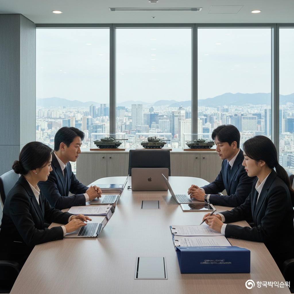 A photorealistic image of a professional business meeting in a modern South Korean office, where adults are discussing a commercial contract for armored vehicles, with subtle elements like blueprints or models of tanks on the table, evoking trust and expertise in legal agreements.