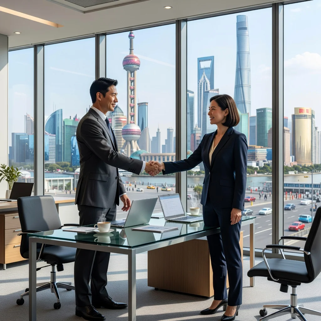 A professional business scene in a modern Chinese office building, showing two adults shaking hands over a desk with a city skyline view, symbolizing a commercial sublease agreement, photorealistic style.