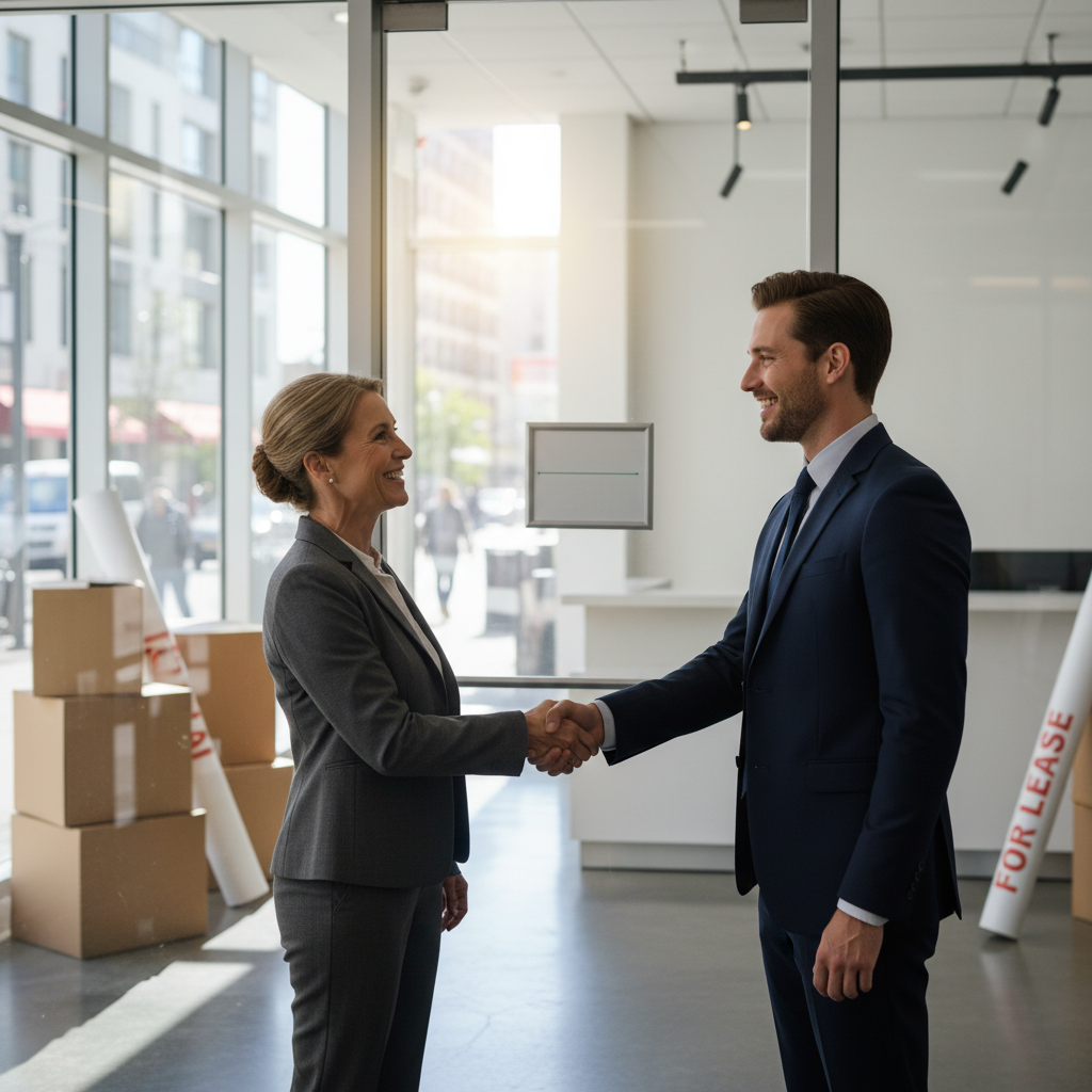 A photorealistic image of a professional meeting between a business owner and a new tenant in a modern commercial space, symbolizing the transfer of a business lease agreement. The scene shows two adults shaking hands in front of a leased storefront or office, with elements like a 'For Lease' sign being removed, conveying a successful handover without focusing on any legal documents.