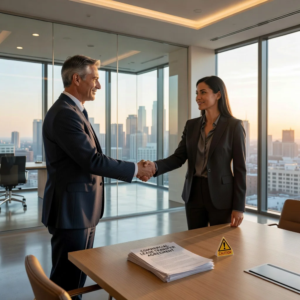 A photorealistic image depicting a professional business handshake between two adults in a modern commercial office space, symbolizing the transfer or assignment of a commercial lease agreement, with subtle background elements like office furniture and cityscape view, conveying balance between benefits and risks in a commercial real estate transaction. No children are present in the image.