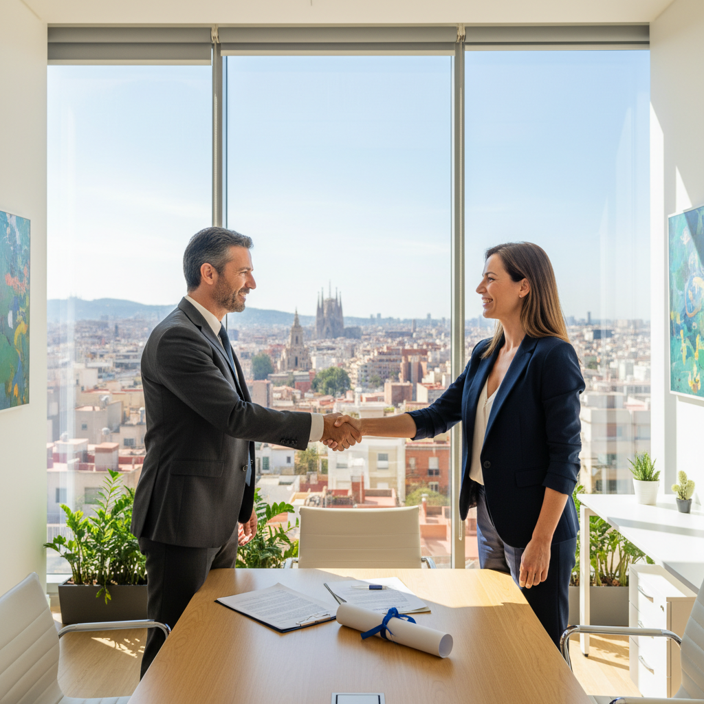 A photorealistic image depicting a professional business handshake between two adults in a modern commercial office space in Spain, symbolizing the transfer of a commercial lease agreement, with subtle Spanish architectural elements in the background, conveying trust and partnership in a business context.