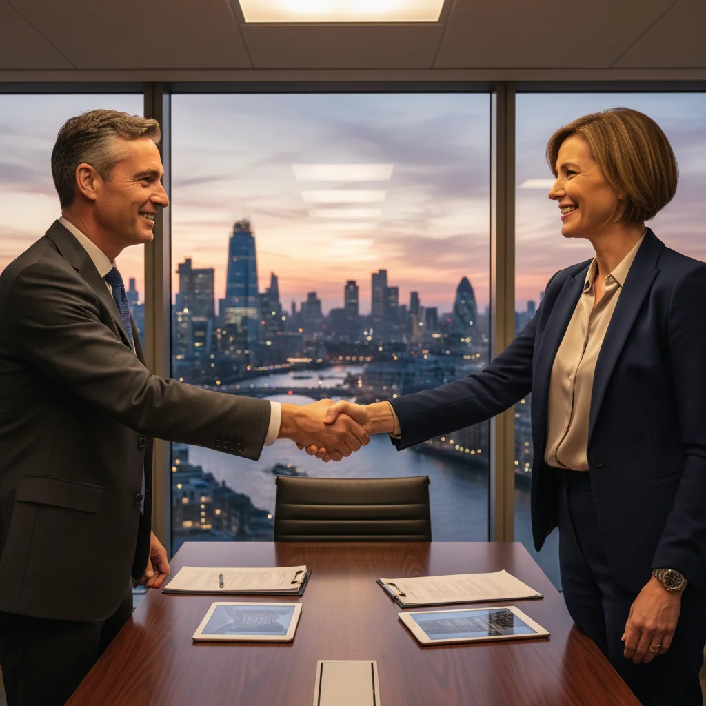 A photorealistic image of two professional adults in a modern UK office setting, shaking hands over a conference table with a city skyline view in the background, symbolizing the successful transfer of a lease agreement without showing any documents or children.