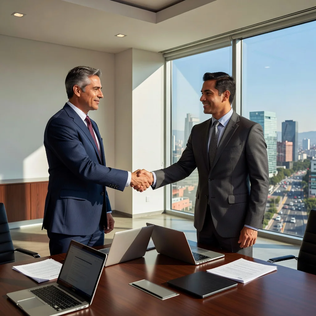 A photorealistic image depicting a professional business meeting in a modern Mexican office, where two adult businessmen are shaking hands over a conference table, symbolizing the successful transfer of a commercial contract. The scene includes elements like a cityscape view of Mexico City skyline through the window, laptops and coffee cups on the table, conveying benefits and collaboration in business dealings. No children are present.