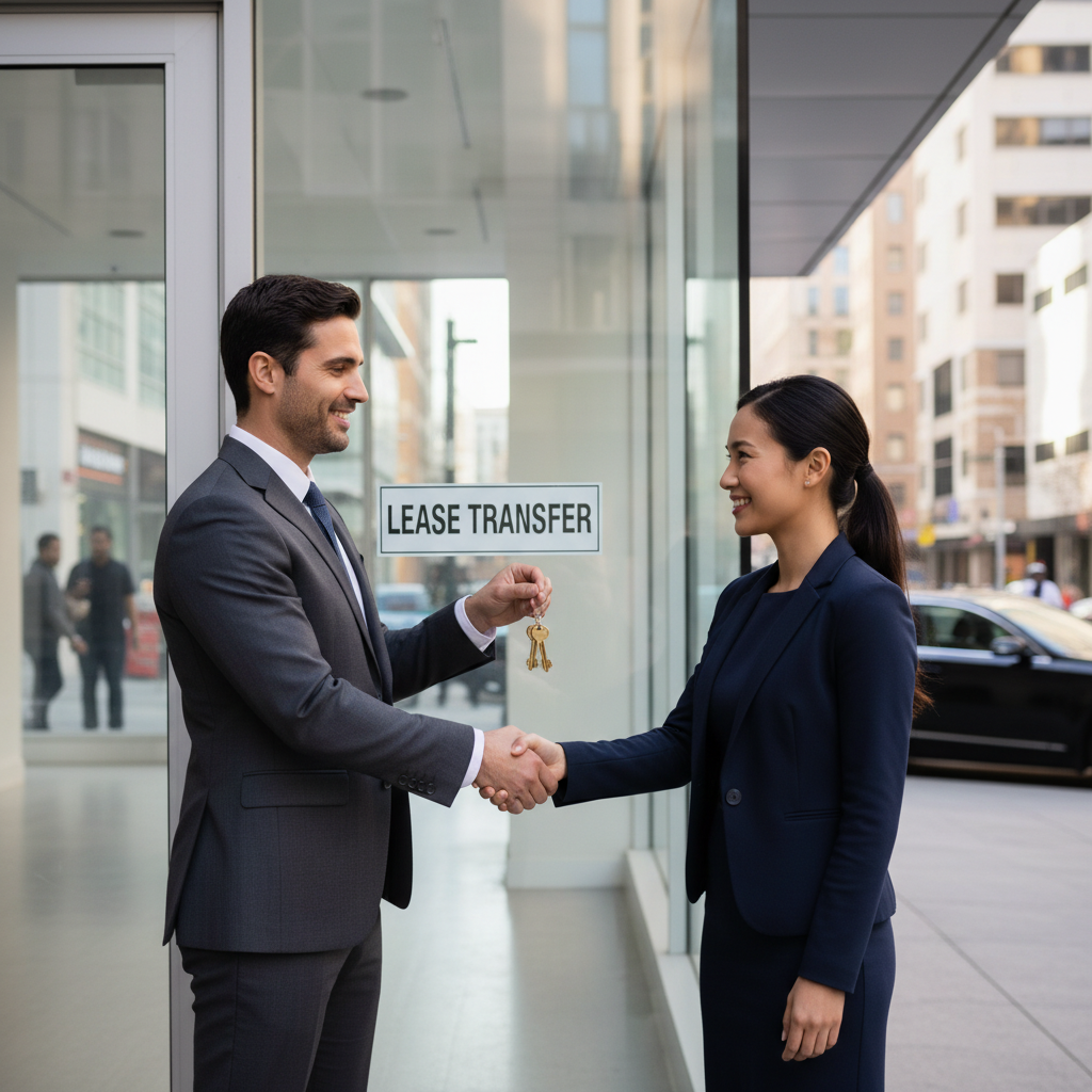A photorealistic image depicting a professional business handshake between two adults in a modern commercial storefront, symbolizing the transfer of a commercial lease, with subtle background elements like a 'For Lease' sign and urban shop facade, conveying agreement and opportunity in business.