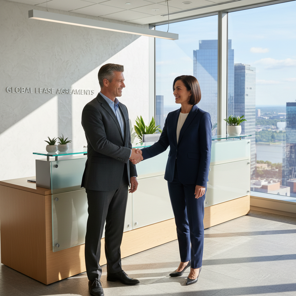 A photorealistic image depicting a professional business handshake between two adults in a modern commercial office space, symbolizing the transfer or assignment of a commercial lease contract. The scene conveys trust and agreement in a business context, with elements like a leasing sign or office building in the background, but no legal documents visible. No children are present.