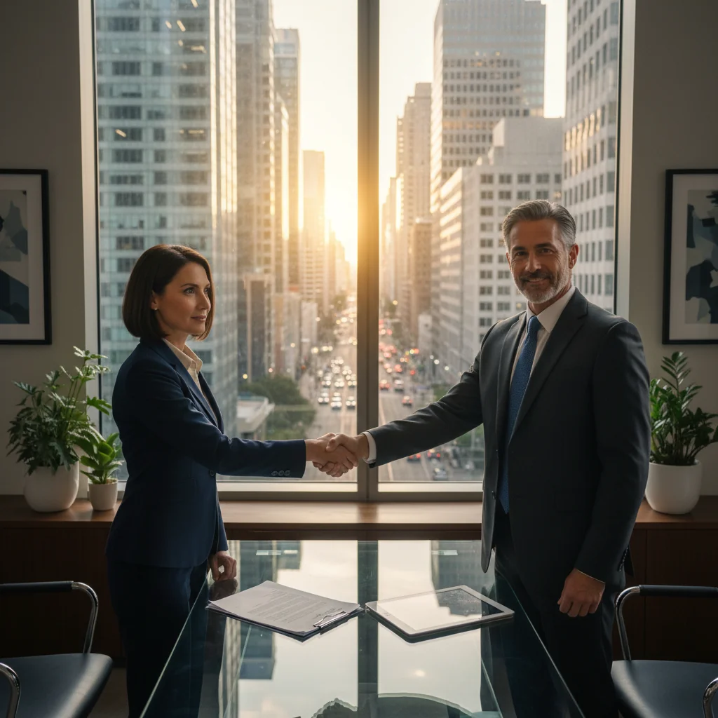 A photorealistic image depicting a professional business handshake between two adults in a modern office setting, symbolizing the transfer of a commercial lease agreement, with elements like a commercial building visible in the background, conveying trust and resolution in business dealings.