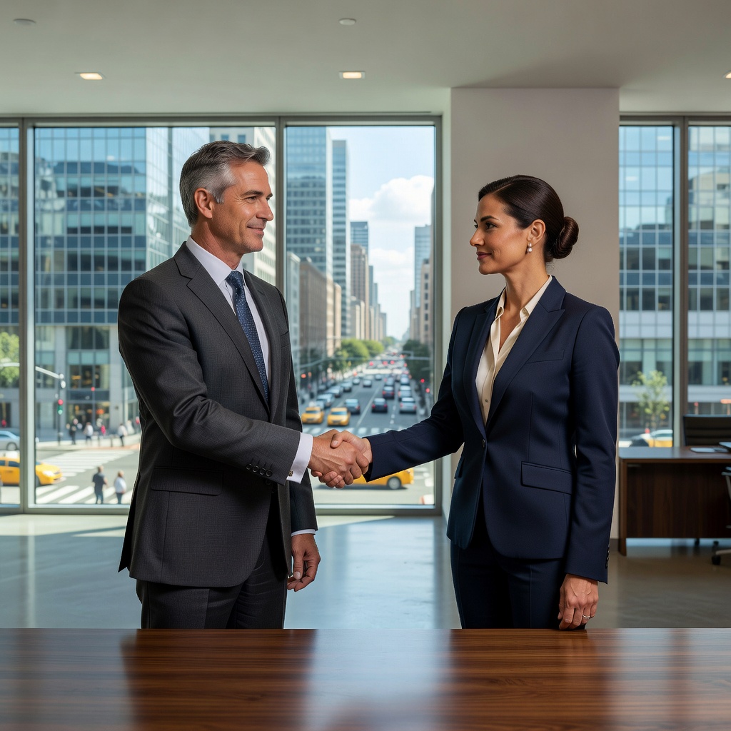A photorealistic image of two professional adults in business attire shaking hands across a desk in a modern commercial office space, symbolizing the assignment or transfer of a commercial lease agreement, with city skyline visible through large windows in the background, conveying trust and business partnership in the US real estate context.