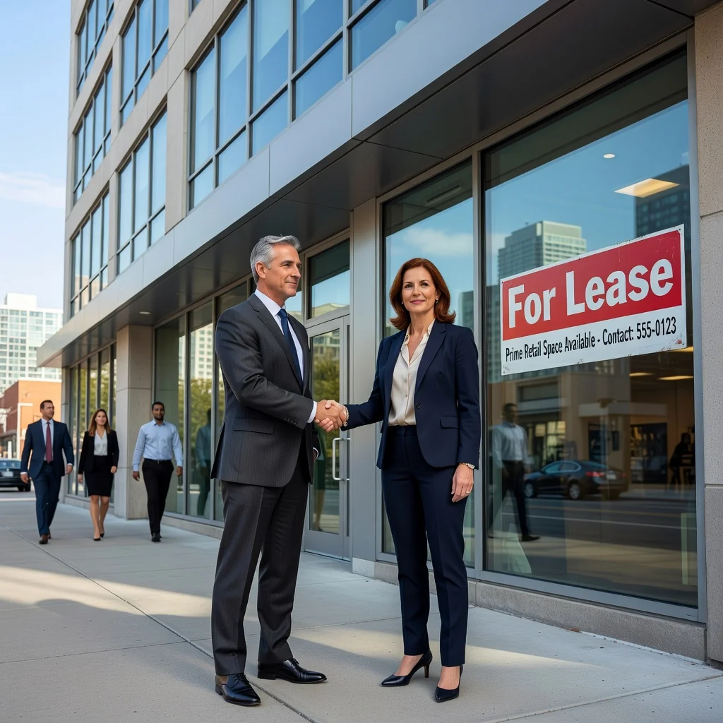 A professional scene depicting the transfer of a commercial lease, showing two businesspeople in a modern office building shaking hands in front of a 'For Lease' sign on a storefront, symbolizing agreement and risk management in commercial real estate transactions. The image conveys trust, professionalism, and urban business environment, with no legal documents visible.