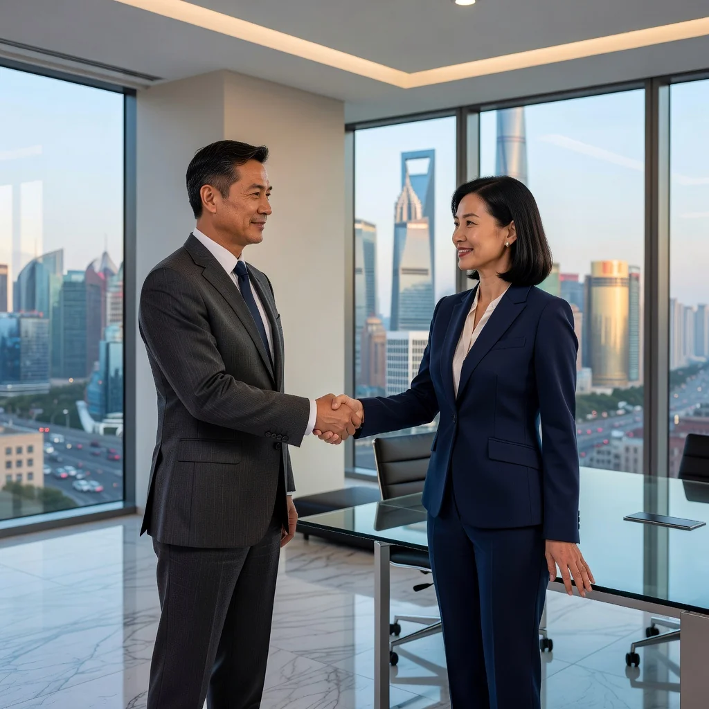 A professional scene in a modern Chinese commercial office building, showing two middle-aged Asian business professionals in suits shaking hands in front of a leased office space with city skyline view through large windows, symbolizing a commercial lease transfer agreement.