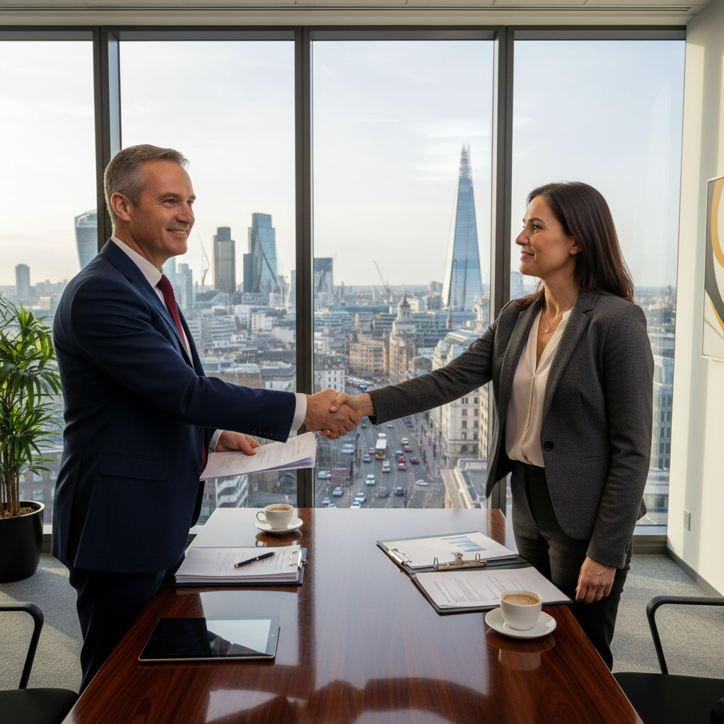 A photorealistic image of two professional adults, a landlord and a tenant, shaking hands in a modern UK office setting with a city skyline visible through the window, symbolizing the transfer of lease rights in a deed of assignment, conveying trust and agreement in a business context.