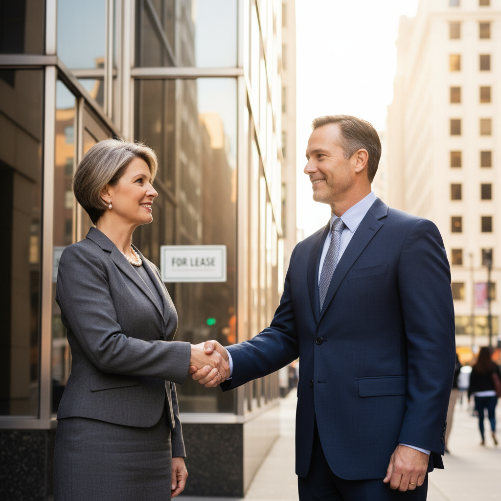 A photorealistic image depicting a professional business scenario related to commercial lease transfer, such as a confident adult entrepreneur standing in front of a modern storefront, shaking hands with another adult business professional, symbolizing the advantages and considerations of lease assignment, with no children present.