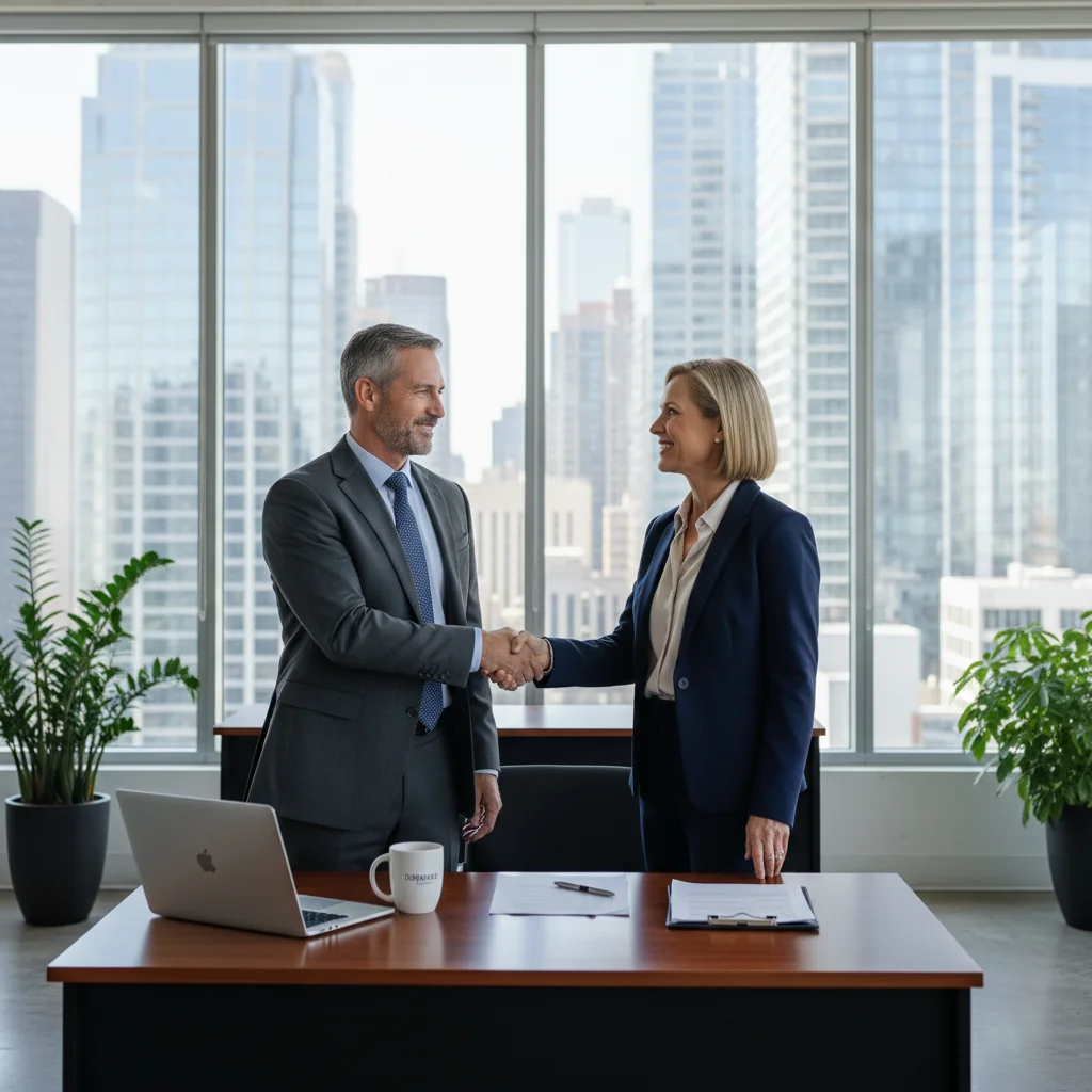A photorealistic image depicting two professional adults in a modern commercial office space, shaking hands over a desk with a city skyline visible through large windows, symbolizing the legal transfer of a commercial lease agreement. No children or text in the image.