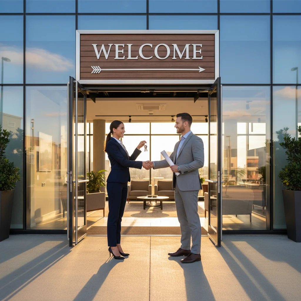 A professional business scene depicting a small business owner handing over keys to a new commercial space, symbolizing the transfer of a lease agreement, with a modern office building in the background and elements of growth like open doors and welcoming signage.