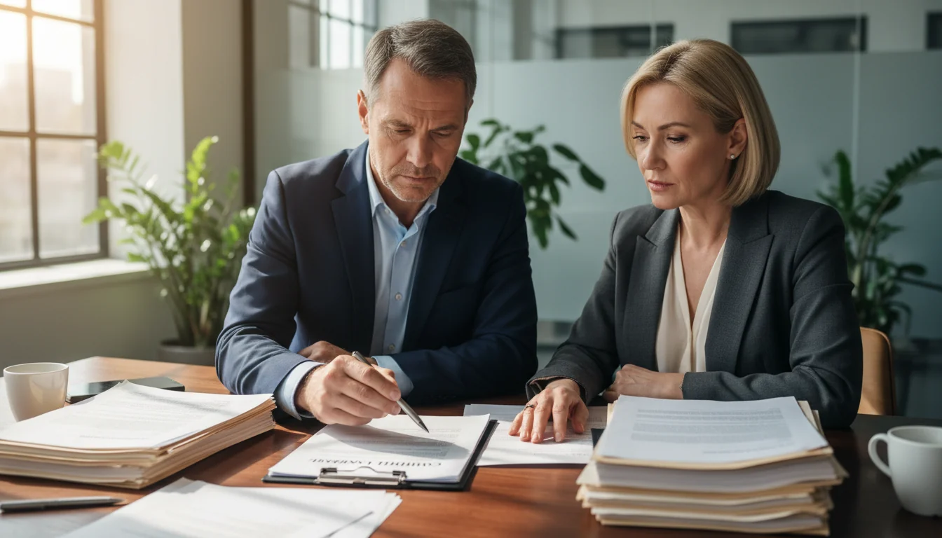 Business professionals reviewing lease documents
