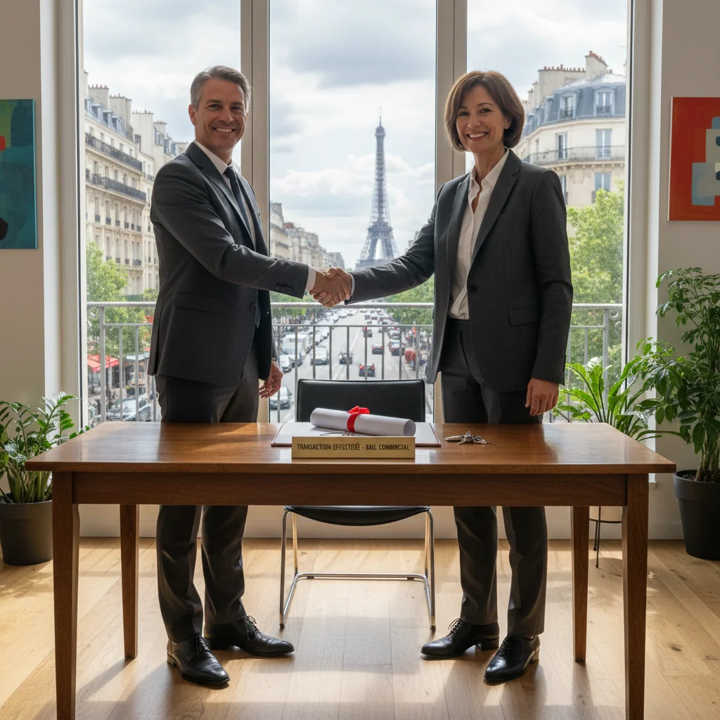 A photorealistic image of a professional business meeting in a modern French commercial office space, where two adults in business attire are shaking hands across a desk, symbolizing the transfer or handover of a commercial lease agreement. The scene conveys agreement and business transition in a French urban setting, with subtle French elements like a window view of Parisian architecture in the background. No children, no legal documents visible.