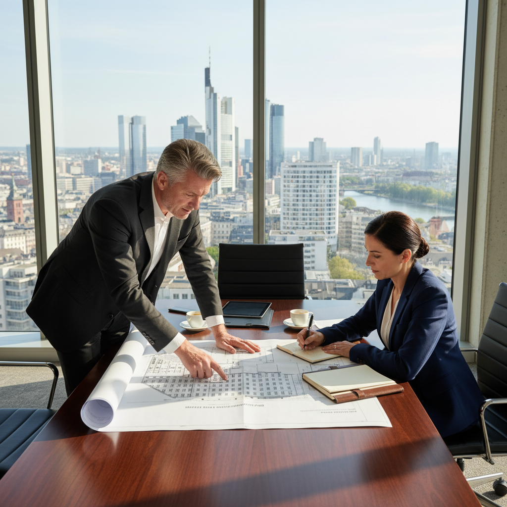A photorealistic image of a professional business meeting in a modern German office space, showing adults in suits discussing a commercial lease agreement, with architectural models of buildings and lease-related documents subtly in the background, emphasizing benefits and risks of transferring a business premises rental contract, no children present.