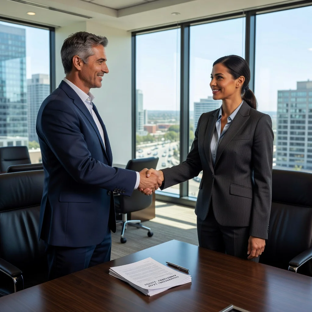 A photorealistic image depicting a professional business handshake between two adults in a modern commercial office space, symbolizing the legal transfer of a commercial lease contract. The scene shows a confident landlord and tenant shaking hands over a desk with city skyline views in the background, emphasizing agreement and business continuity without any focus on documents.