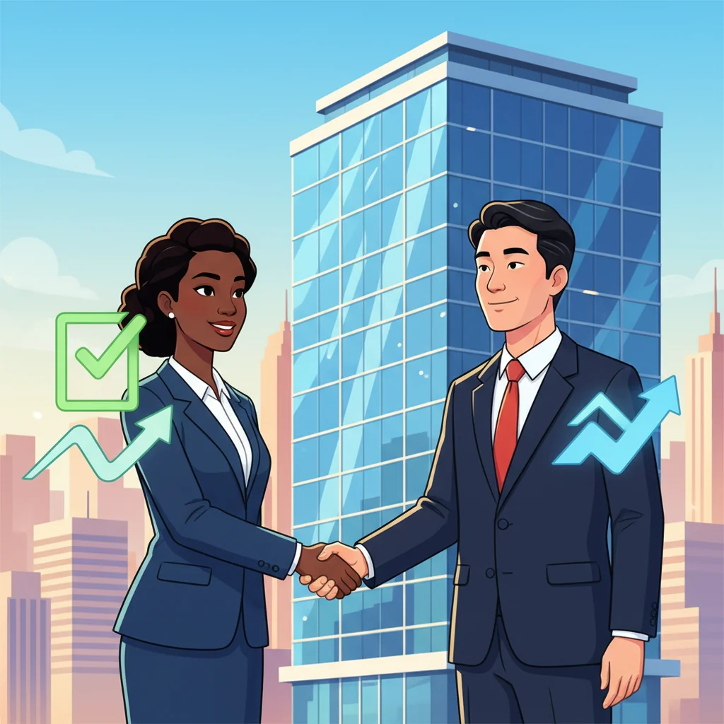 A professional business scene illustrating the transfer of a commercial property lease, showing two businesspeople shaking hands in front of a modern office building, symbolizing a smooth lease assignment without pitfalls, with elements like a city skyline in the background to evoke commercial real estate.