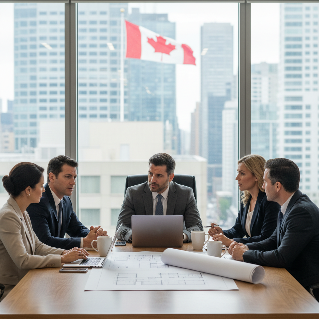 A photorealistic image of a professional business meeting in a modern Canadian office space, where a group of adult business professionals are discussing lease terms around a conference table with city skyline view, symbolizing the transfer and management of commercial property leases for businesses.