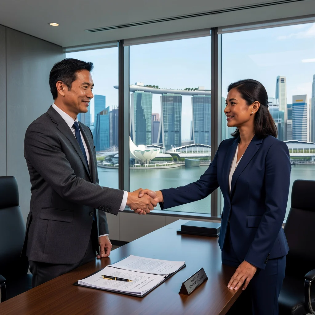 A photorealistic image depicting the process of assigning a lease in Singapore, showing two adults shaking hands in a modern real estate office with a city skyline view of Singapore in the background, symbolizing a successful property transfer agreement.
