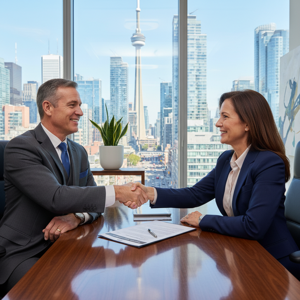 A photorealistic image of two professional adults, a man and a woman in business attire, shaking hands across a modern conference table in a sleek Canadian office space with city skyline views through large windows. The scene symbolizes the successful assignment and transfer of a commercial lease agreement, emphasizing partnership and business growth in a professional setting. No children are present in the image.