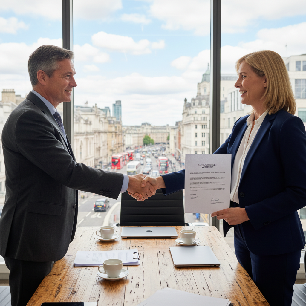 A photorealistic image of two professional adults in a modern UK office setting, shaking hands over a conference table with a city skyline view in the background, symbolizing the transfer of property lease rights without showing any documents or children.