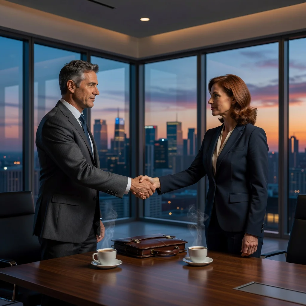 A photorealistic image of two professional adults in a modern office setting, shaking hands over a conference table with a city skyline visible through large windows in the background, symbolizing a successful business lease transfer agreement. No children are present in the image.