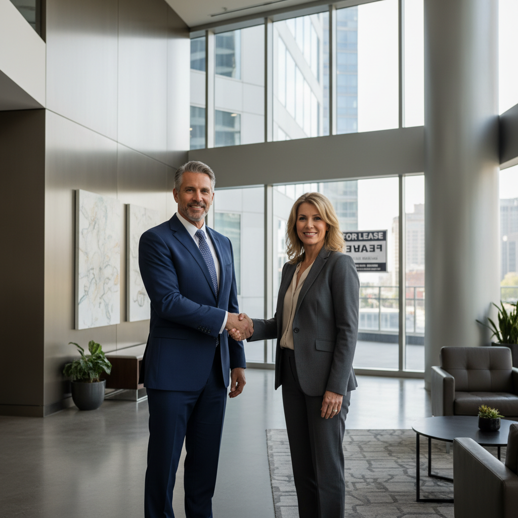 A professional business scene depicting the transfer of a commercial lease, showing two suited business professionals shaking hands in a modern office building lobby, symbolizing agreement and partnership in real estate, photorealistic style.