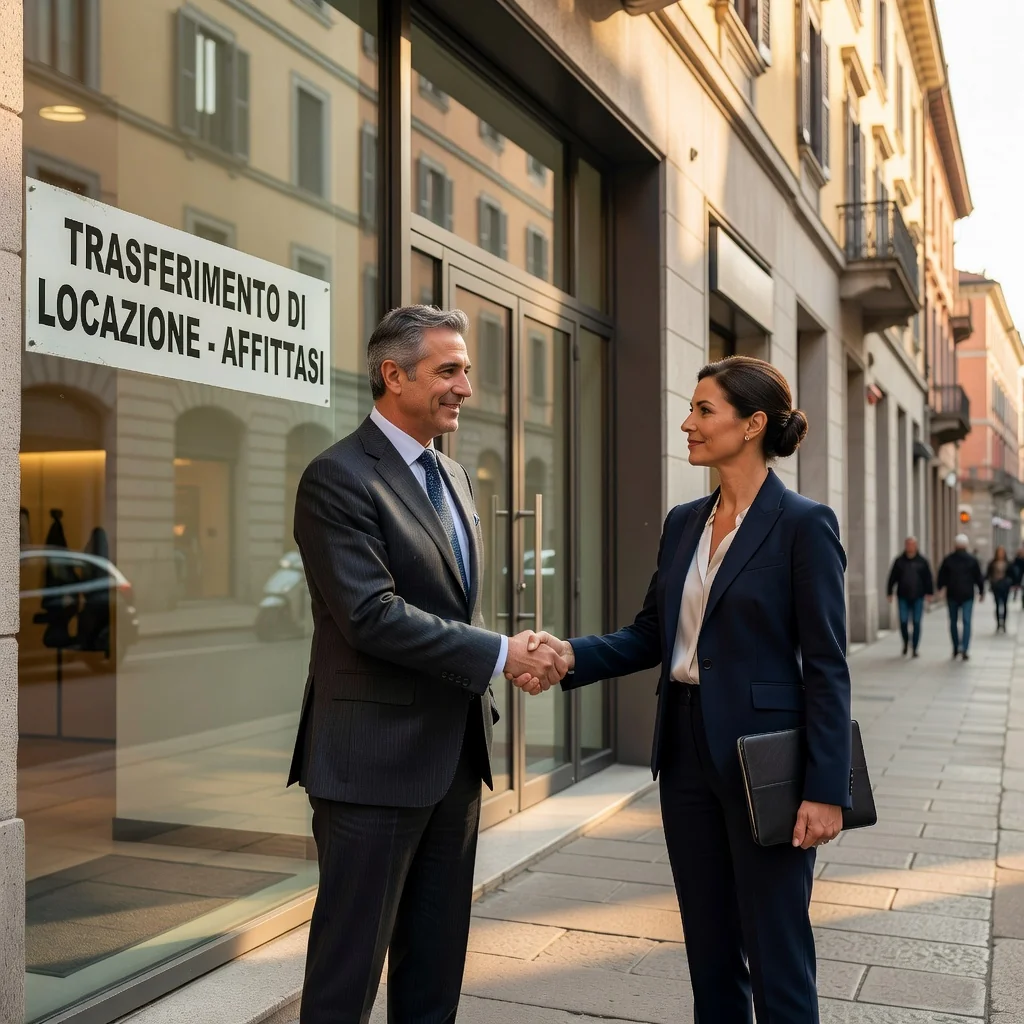 A photorealistic image of a professional businessperson in a modern commercial office space in Italy, symbolizing the transfer of a commercial lease contract, with elements like a handshake between two adults or a 'For Lease' sign on a storefront, evoking themes of business transition and legal compliance without showing any documents.