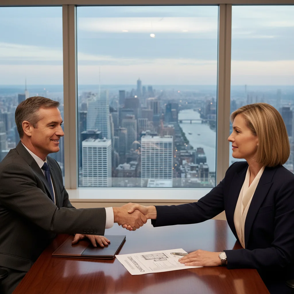 A photorealistic image of two professionals in a modern office building, shaking hands over a desk with a city skyline visible through large windows, symbolizing the transfer or handover of a commercial lease agreement.