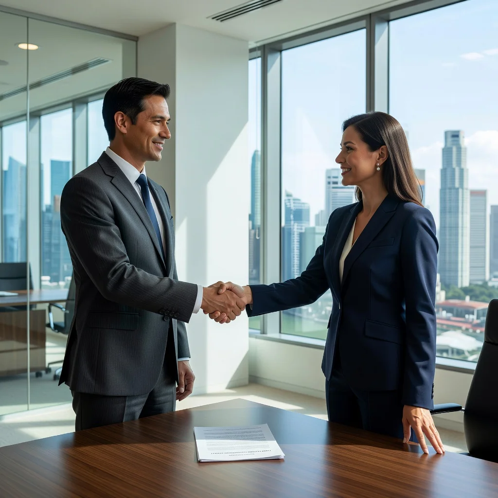 A photorealistic image depicting a professional business handshake between two adults in a modern Singapore office setting, symbolizing the successful assignment of a lease agreement, with subtle city skyline views in the background to evoke urban real estate in Singapore. No children or legal documents visible.