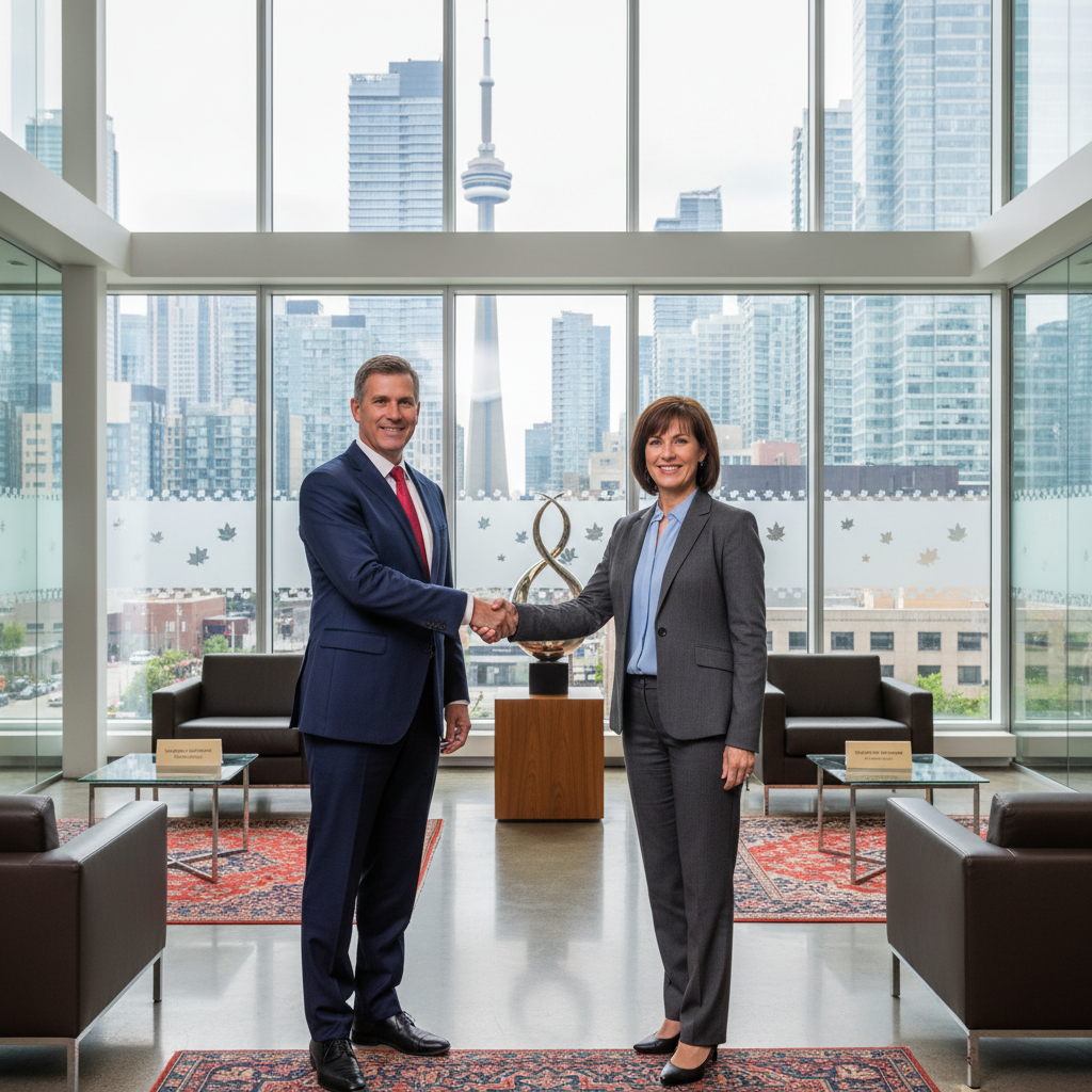 A photorealistic image of two professional adults, a landlord and a tenant, shaking hands in a modern Canadian commercial office building lobby, symbolizing the assignment of a commercial lease agreement, with city skyline visible through large windows, conveying trust and business partnership in a legal context, no children present.