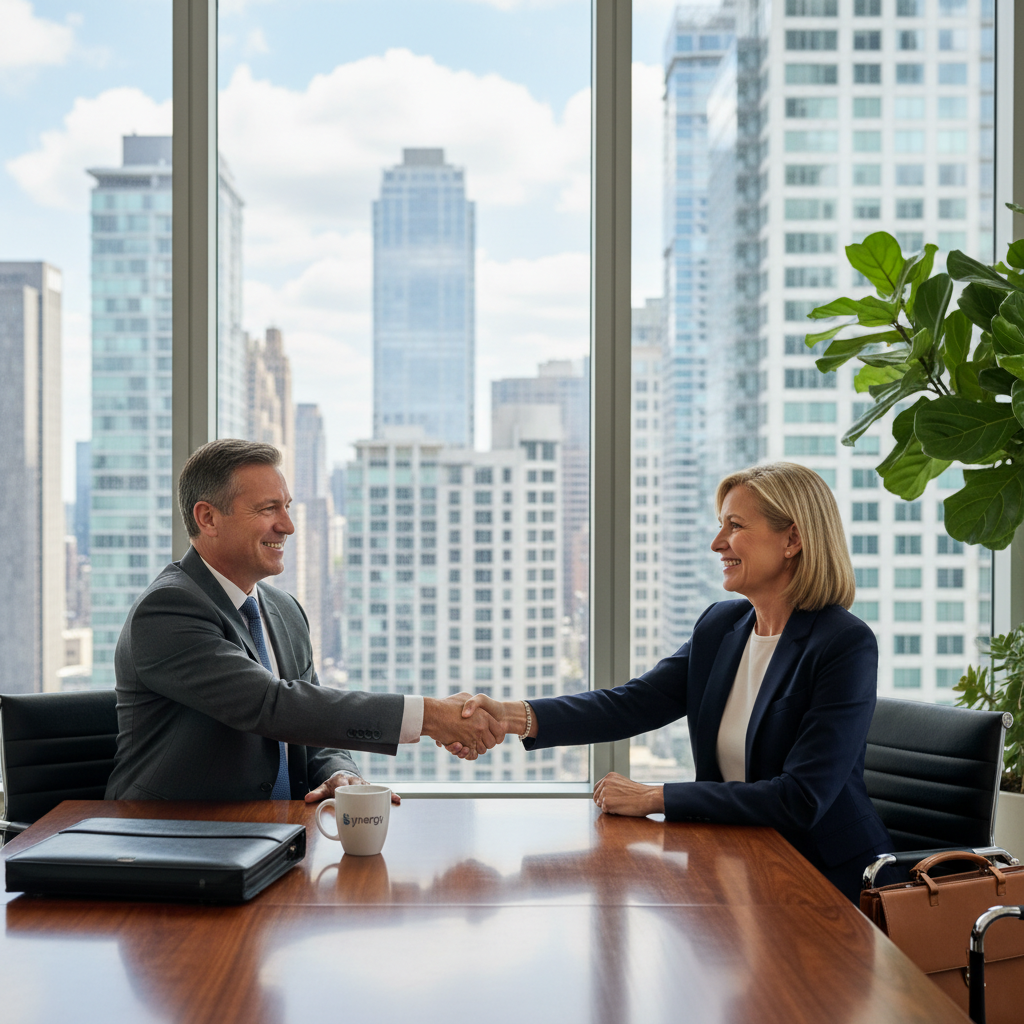 A photorealistic image of two professional adults in business attire shaking hands in a modern commercial office space, symbolizing the transfer of a commercial lease agreement. The scene conveys trust and business partnership, with elements like office furniture and city skyline visible through windows, but no legal documents or text present. No children are included in the image.