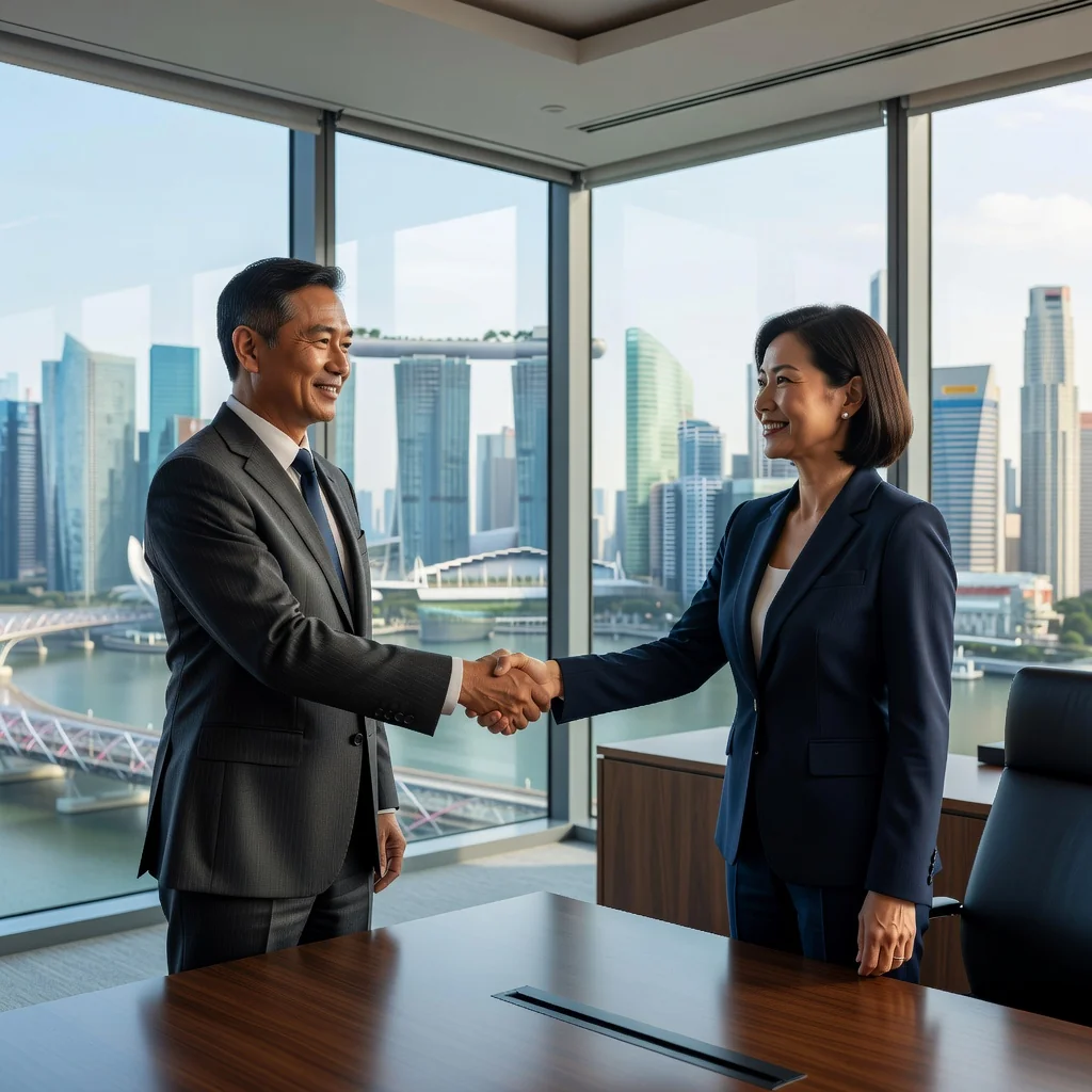 A photorealistic image of two professional adults shaking hands in a modern Singapore office building with city skyline in the background, symbolizing a lease assignment agreement.