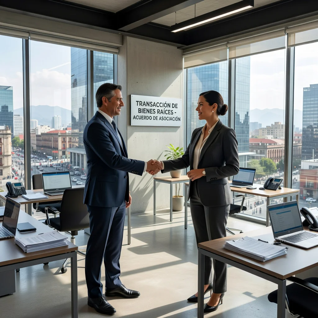 A photorealistic image depicting a professional business handshake between two adults in a modern commercial office space in Mexico, symbolizing the transfer of a commercial lease agreement. The scene includes subtle Mexican elements like a cityscape view from a window, with no children present.