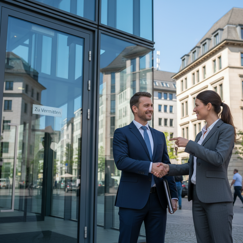 A professional business setting in Germany, featuring a modern commercial office space with a 'For Rent' sign on the window, a suited businessperson shaking hands with a landlord in front of the property, symbolizing the transfer of a commercial lease agreement, photorealistic style.