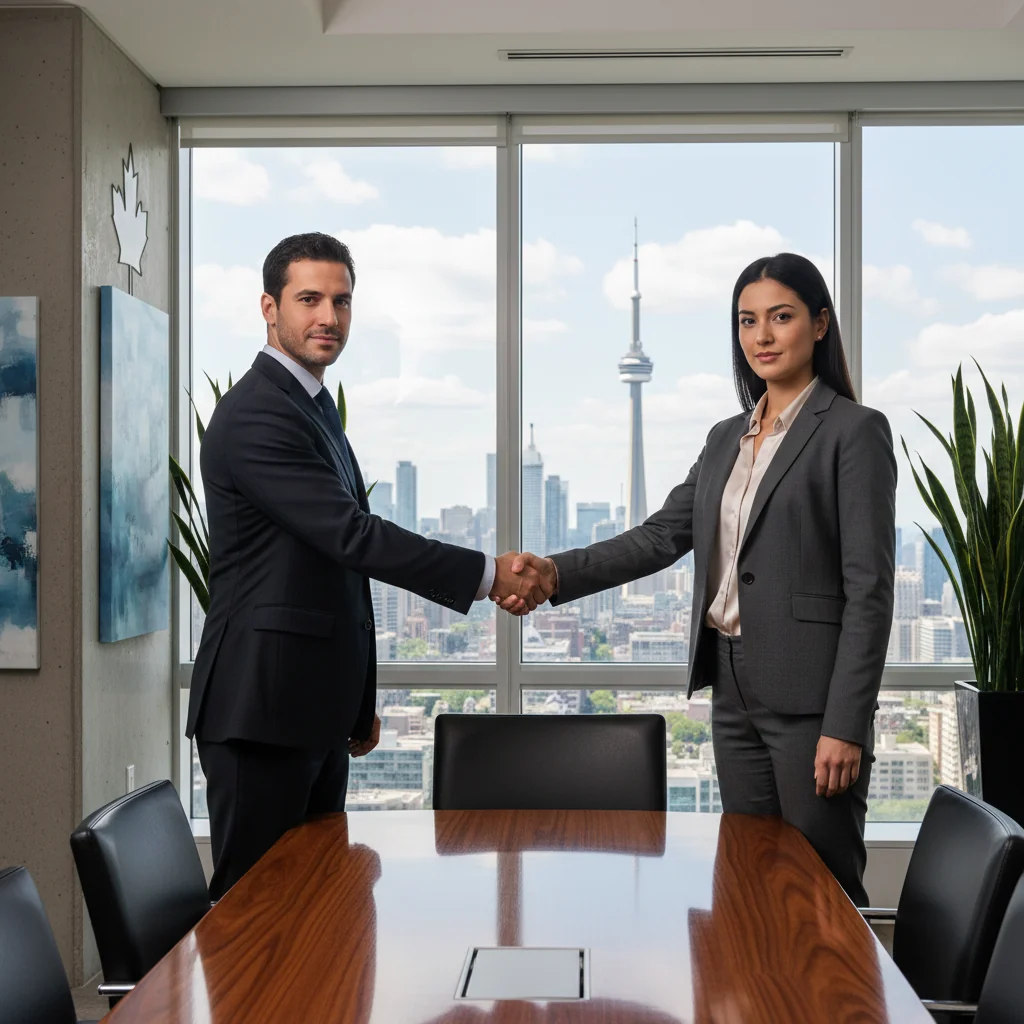 A photorealistic image depicting a professional business handshake between two adults in a modern commercial office space in Canada, symbolizing the assignment or transfer of a commercial lease agreement. The scene includes elements like a city skyline view from a window, office furniture, and subtle Canadian flags or maple leaf motifs in the background to represent the location, conveying trust, partnership, and legal business transaction without showing any documents.