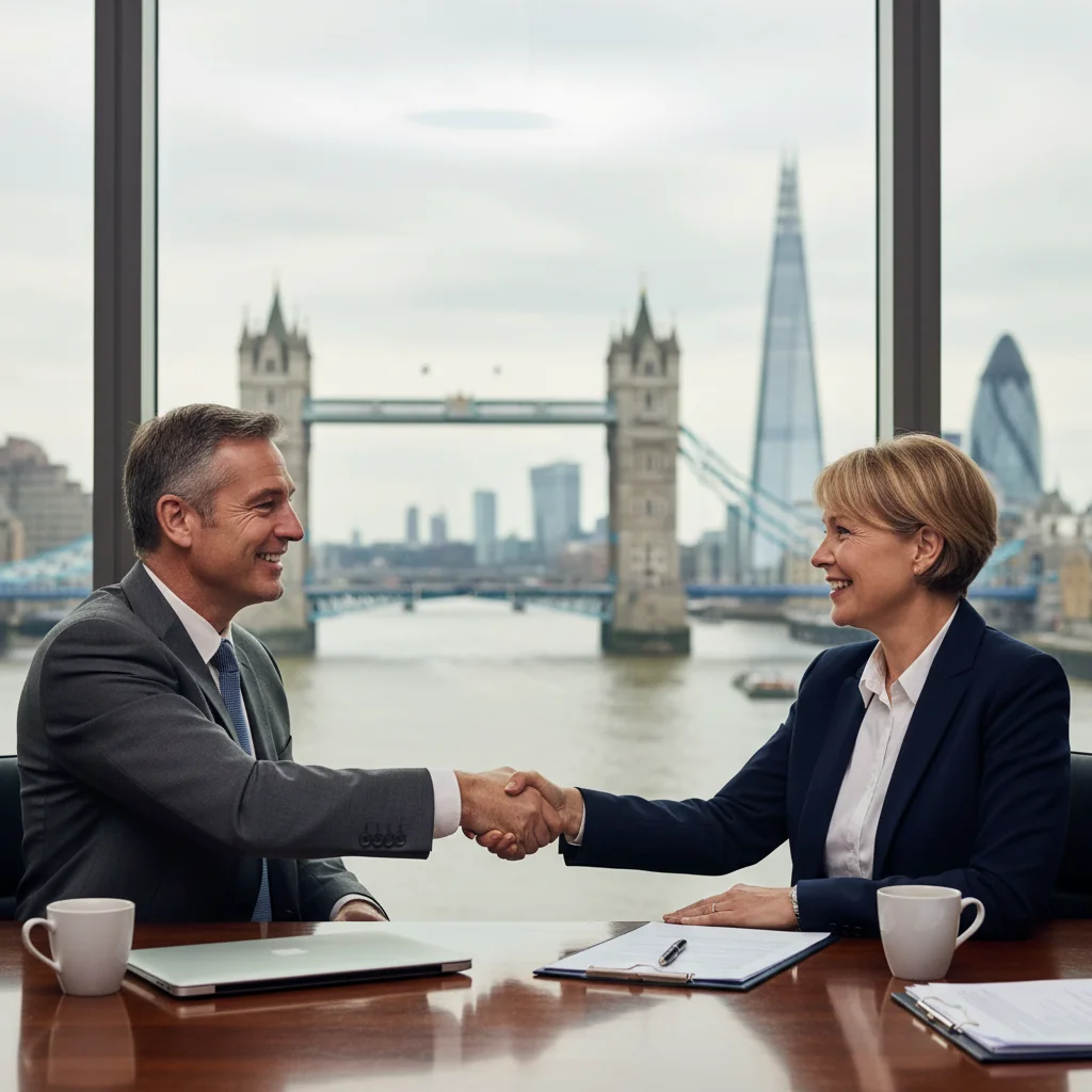 A photorealistic image of two professional adults in a modern UK office setting, shaking hands over a desk with a city skyline view in the background, symbolizing the transfer of property lease rights through a Deed of Assignment.