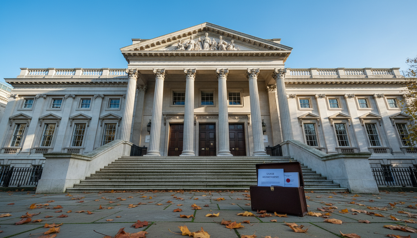 UK courthouse with legal documents