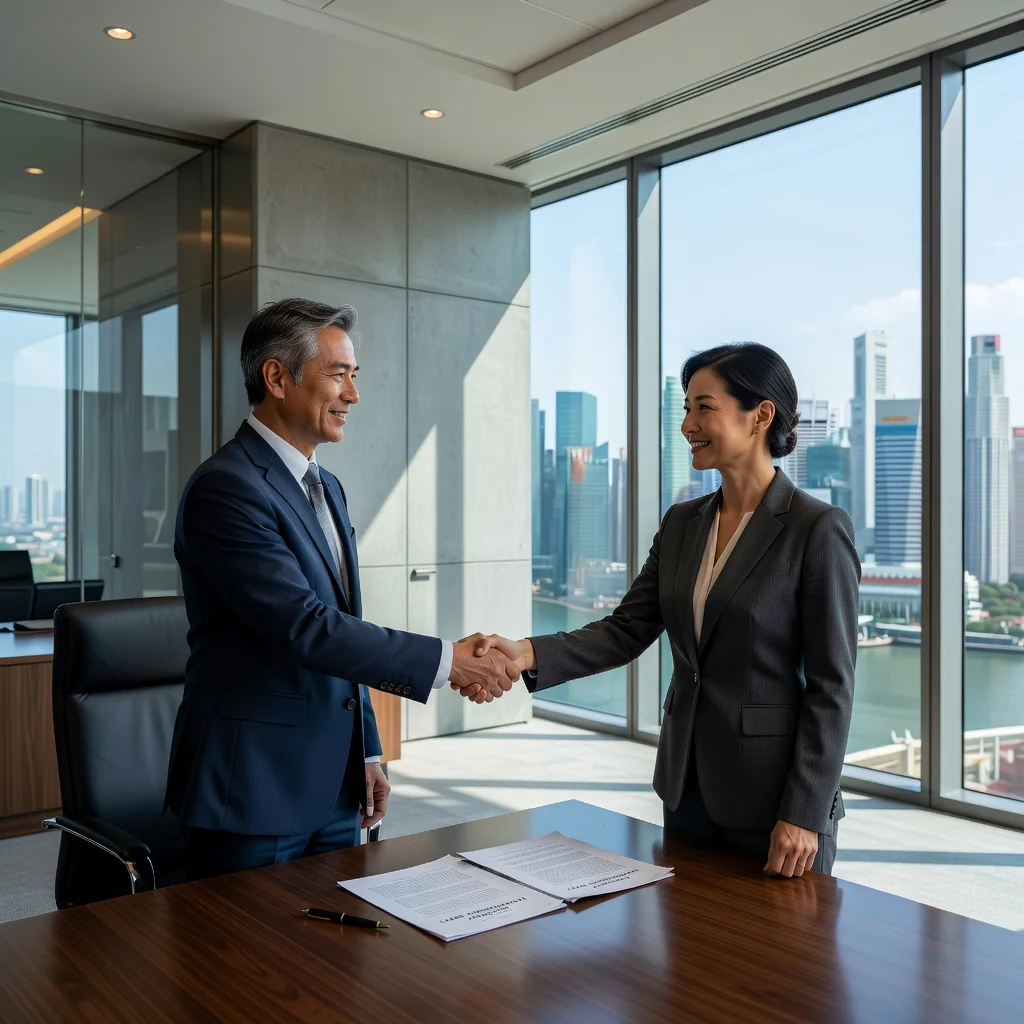A professional scene in Singapore depicting the assignment of a commercial lease, showing a diverse group of adults in business attire shaking hands in a modern office building with a city skyline view, symbolizing property transfer and agreement.