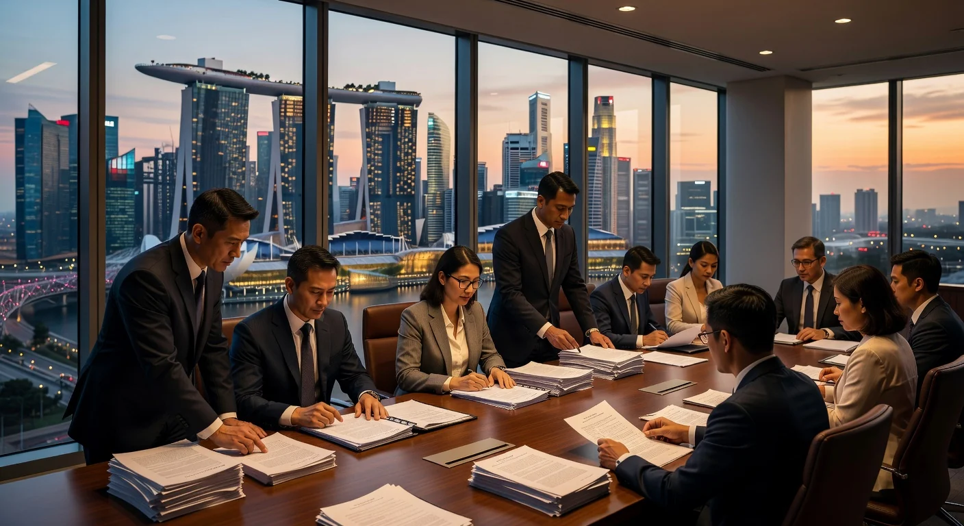 Singapore skyline with legal documents