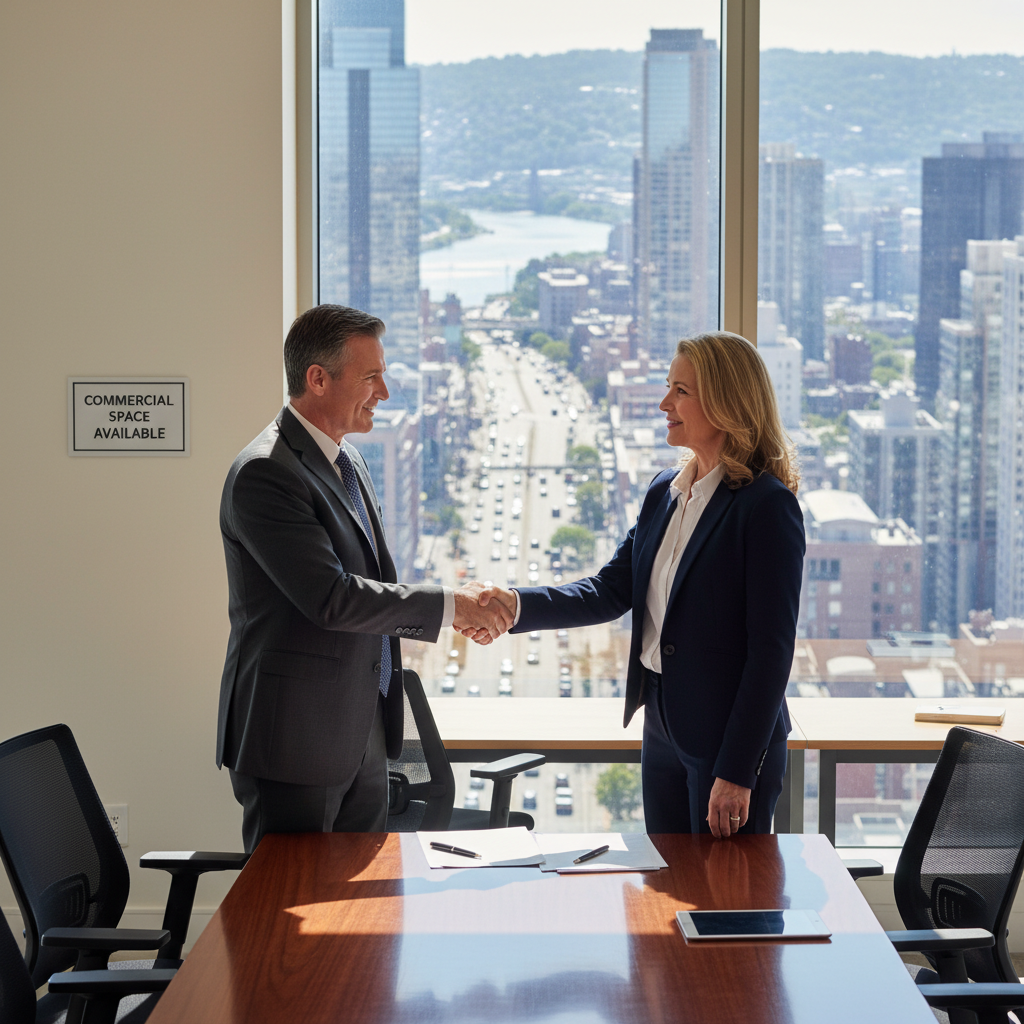 A photorealistic image of two professional adults shaking hands in a modern commercial office space, symbolizing the transfer of a commercial lease agreement. The setting includes large windows with city views, office furniture, and a 'For Lease' sign subtly in the background, conveying business transition and real estate dealings in the United States.