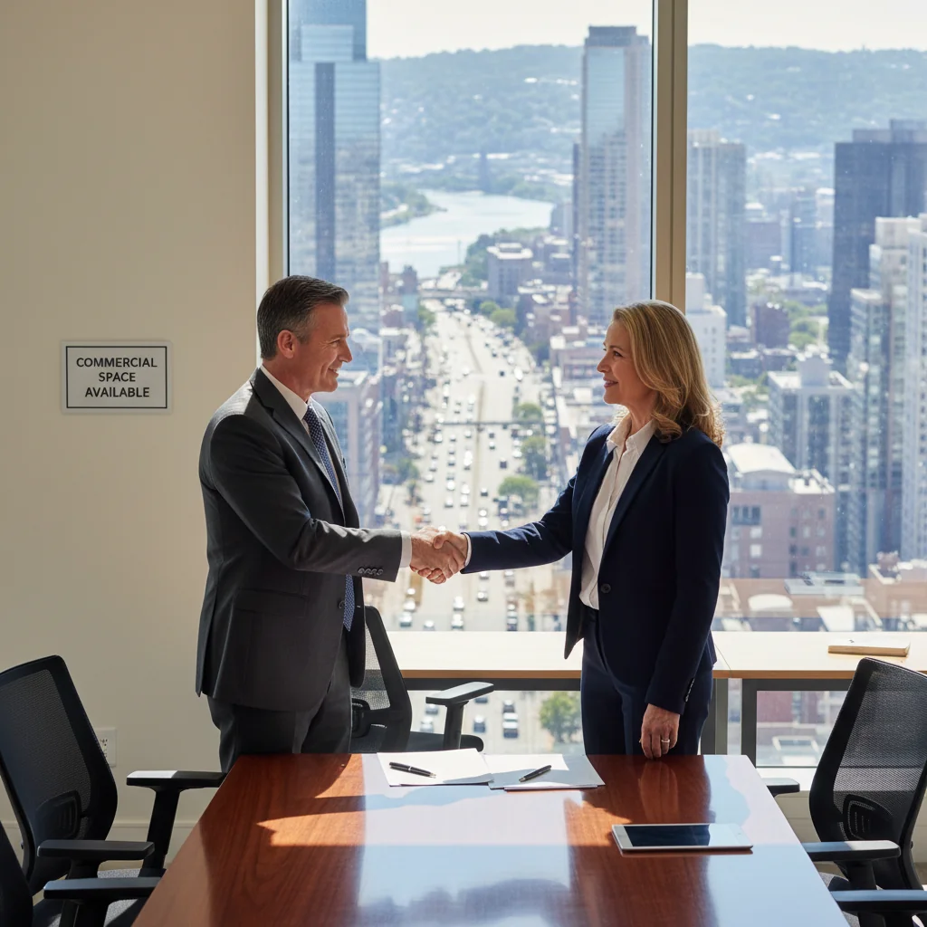 A photorealistic image of two professional adults shaking hands in a modern commercial office space, symbolizing the transfer of a commercial lease agreement. The setting includes large windows with city views, office furniture, and a 'For Lease' sign subtly in the background, conveying business transition and real estate dealings in the United States.