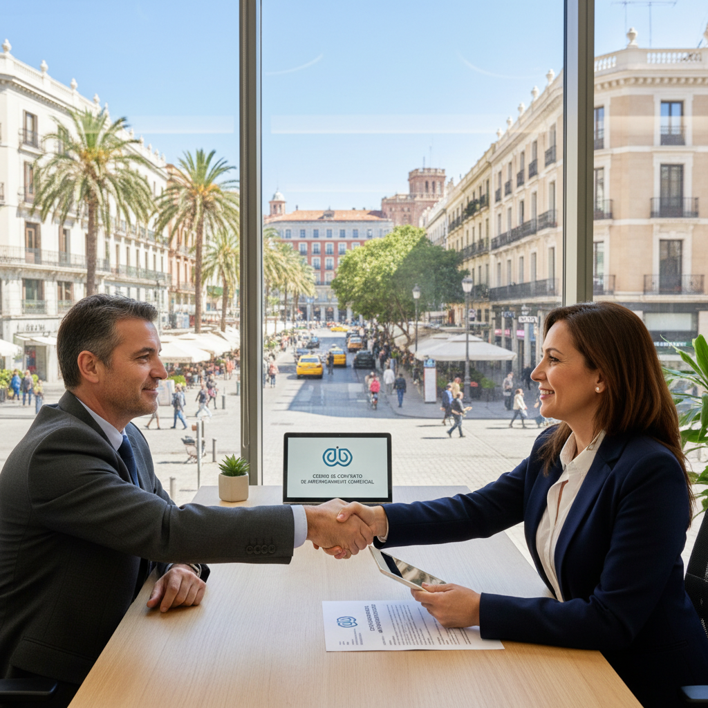A photorealistic image depicting a professional business meeting in a modern Spanish commercial space, where two adults in business attire are shaking hands over a lease agreement table, symbolizing the transfer of a commercial lease contract, with elements like a storefront window and cityscape in the background to evoke commercial real estate in Spain.